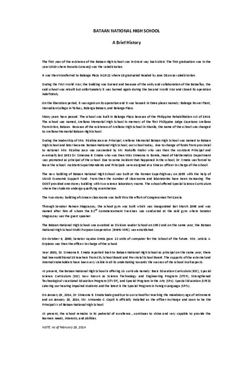 BATAAN NATIONAL HIGH SCHOOL A Brief History .